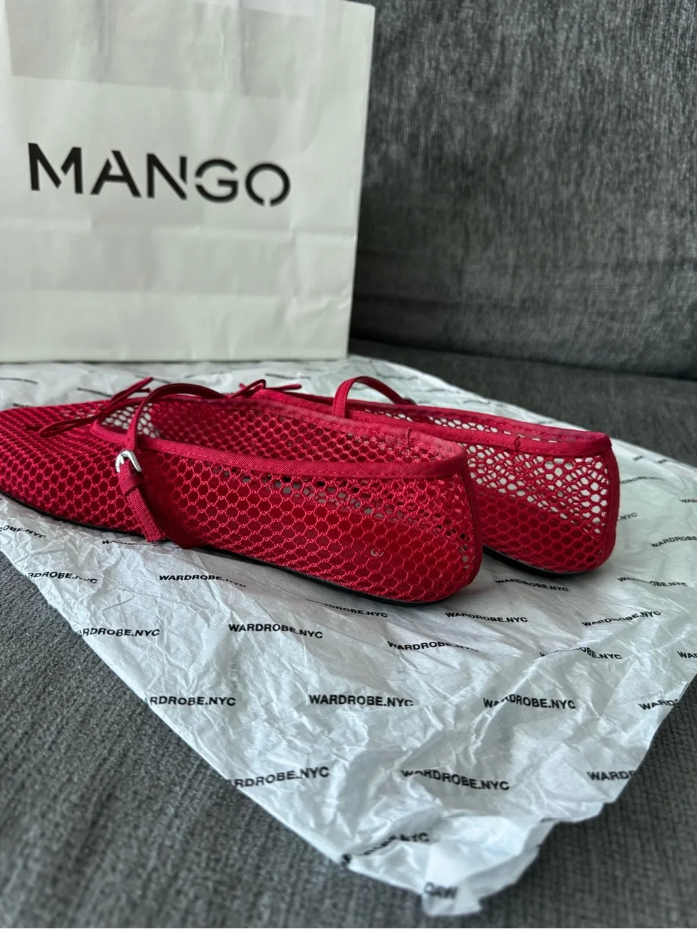 Mango Bright Red Mesh Mary Jane Ballerina Flats with Bow FINAL SALE